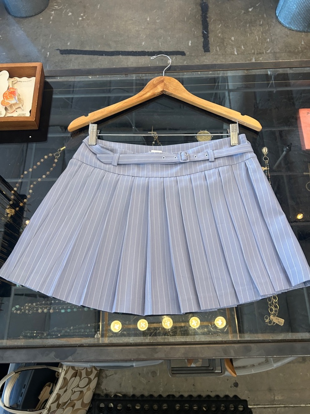 Astr Light Blue Pinstripe Pleated Mini Skirt with Slim Belt